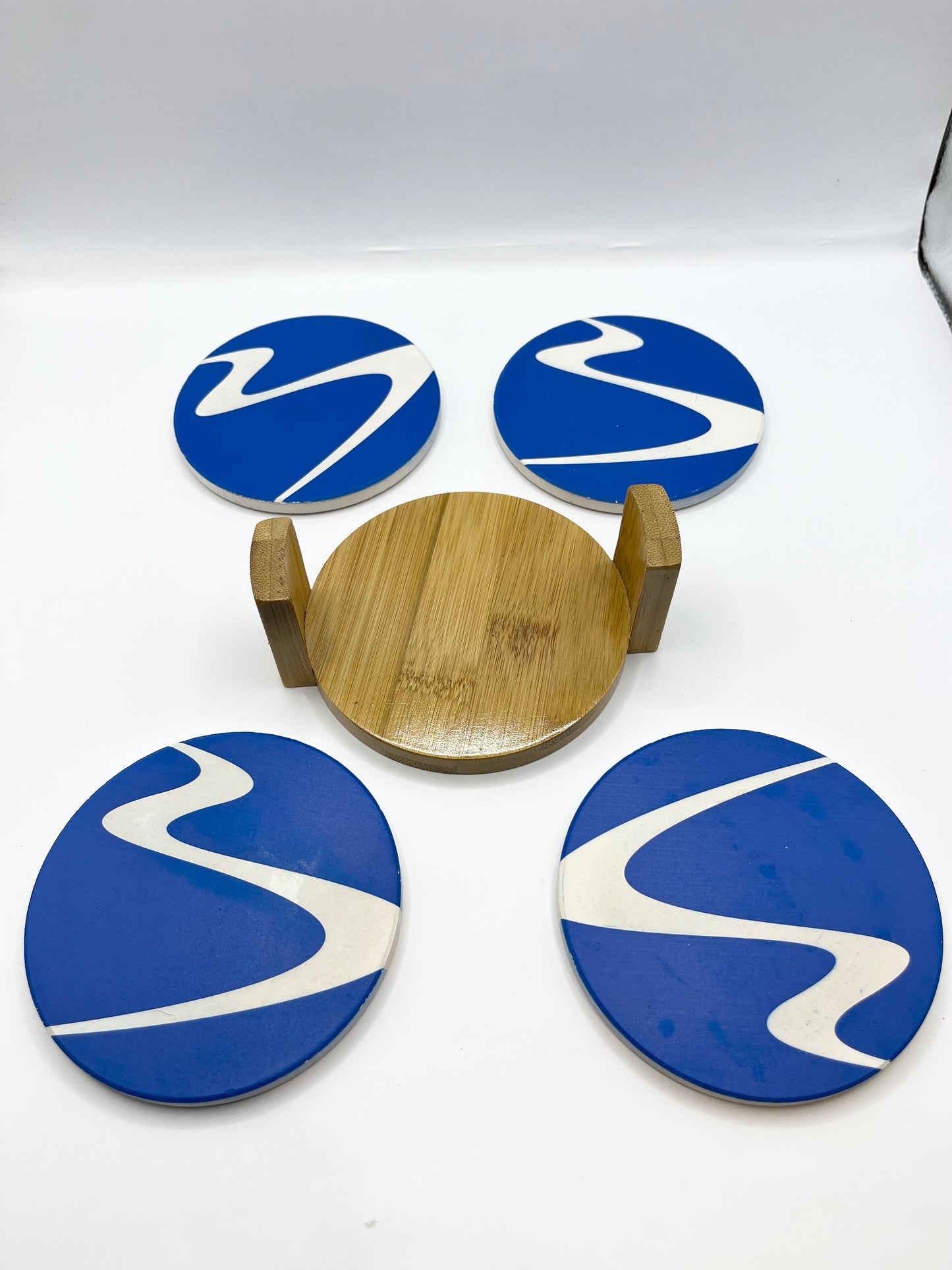 Groovy Wave Stripped Blue Coasters with Bamboo Caddy