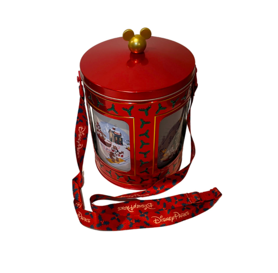 Disney Parks Christmas Holiday Mickey and Friends Musical Popcorn Tin Bucket with Strap Pre Owned