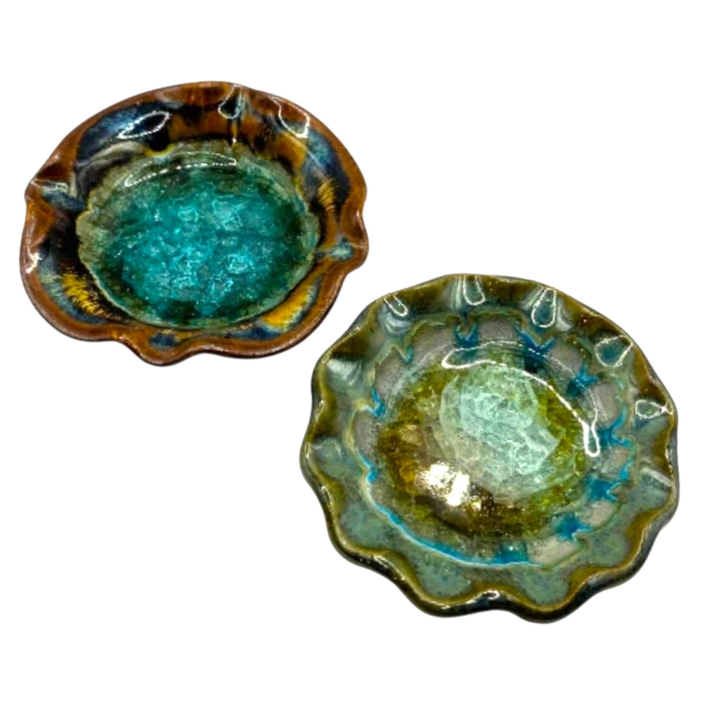 Crystalline Glazed Pottery Trinket Jewelry Dishes Blue Green Round Ruffled Rims Set of 2