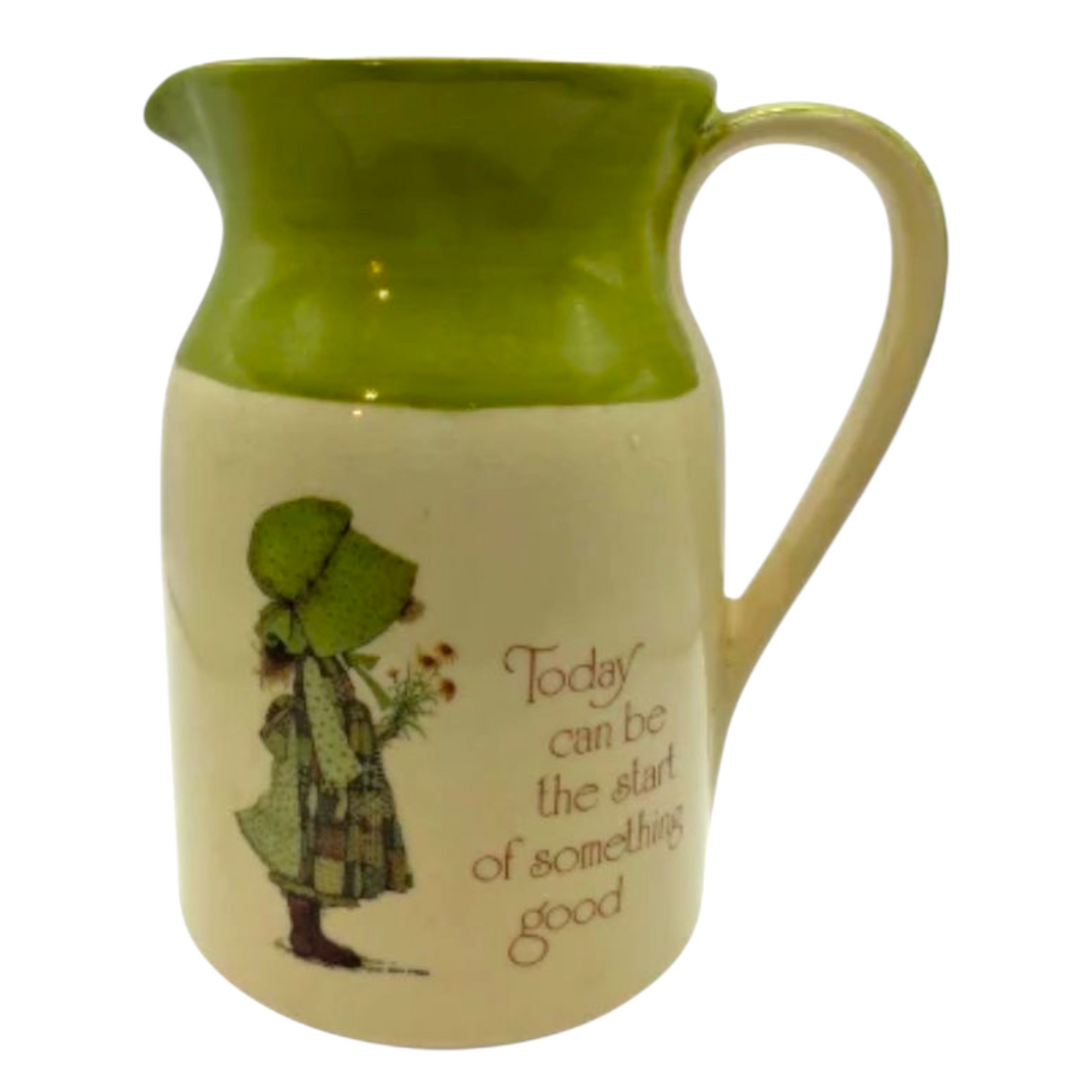 Holly Hobbie Pitcher Green "Today Can Be the Start of Something Good" 1970s