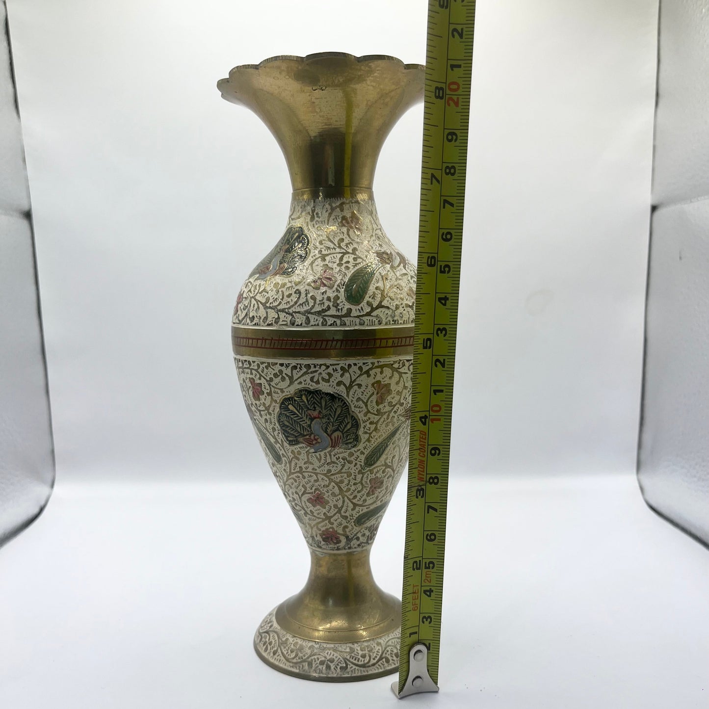 Brass Painted Enamel Peacock Floral Multicolor Decorative Vintage Vase