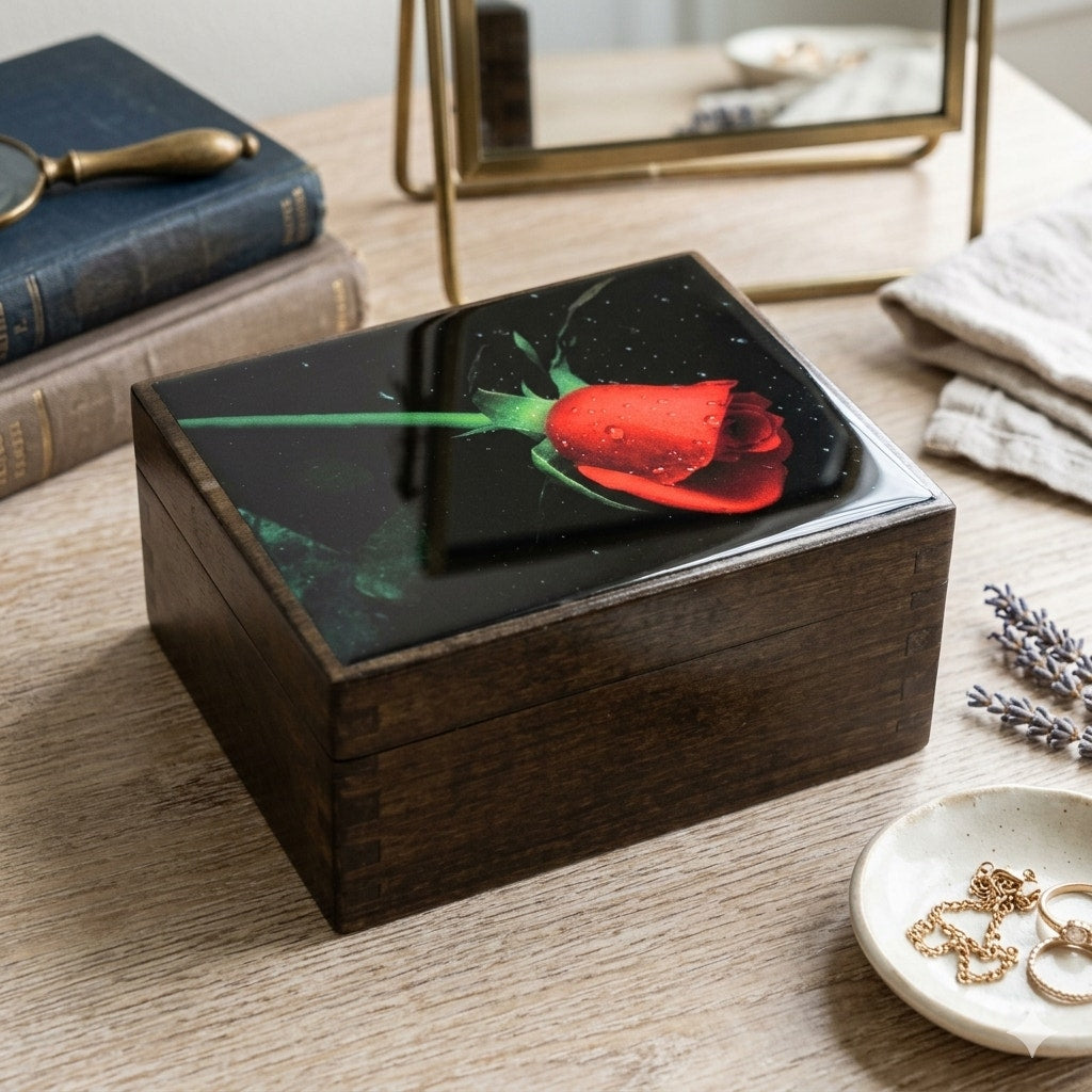American Music Box Company "The Rose" Black Lacquer Jewelry Music Box