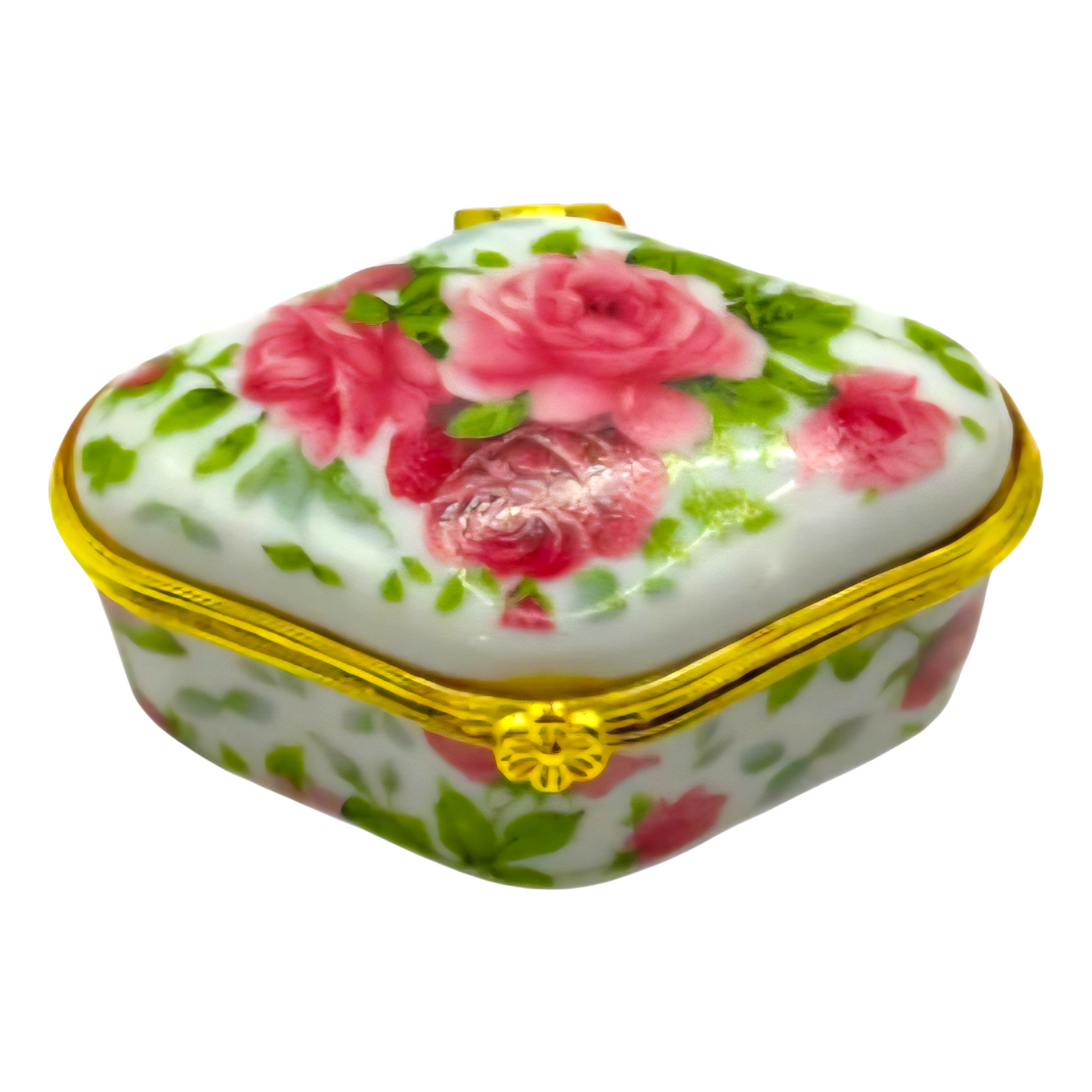 Vintage Porcelain Pill Trinket Box Rose Floral Design Hinged Lid