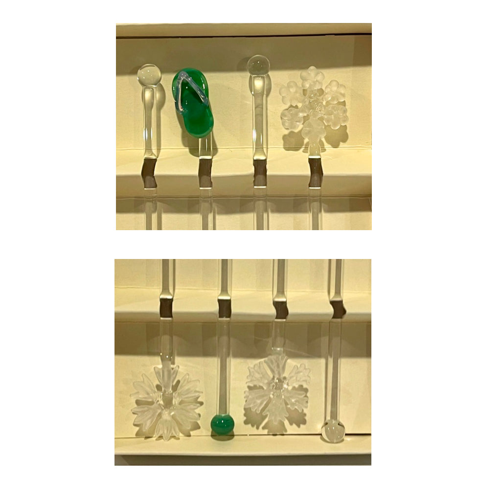 Hand Blown Glass Cocktail Swizzle Stir Sticks 3 Snowflakes, 1 Flip Flop 8"