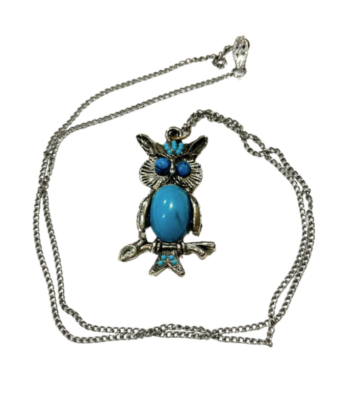 * Vintage Owl Pendant Necklace Faux Turquoise & Silver Tone