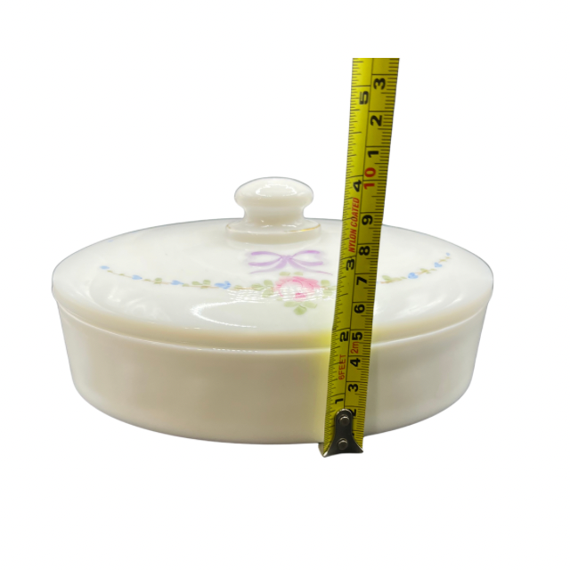 Westmoreland Roses & Bows Oval Chocolate Box White Milk Glass Cottagecore Decor