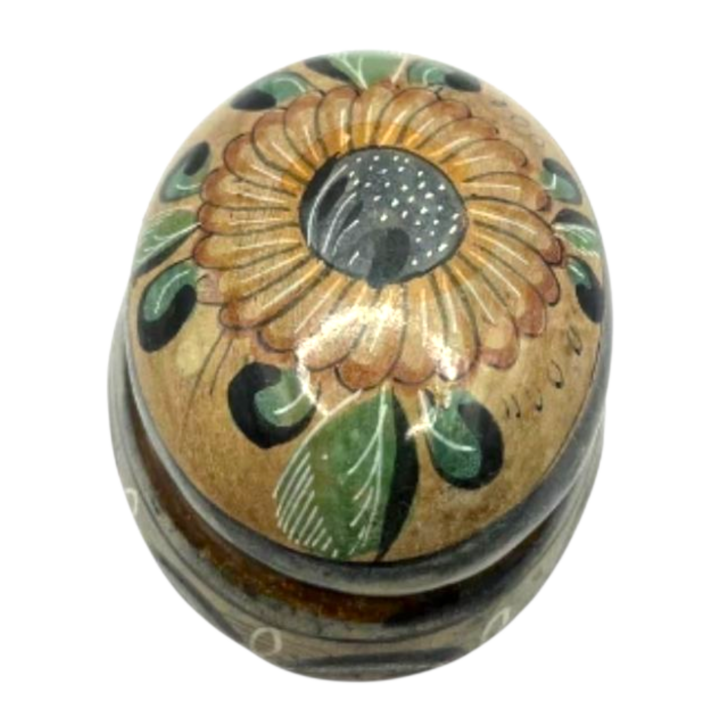 Vintage Mexican Pottery Trinket Box Floral Themed Lidded Oval Shaped