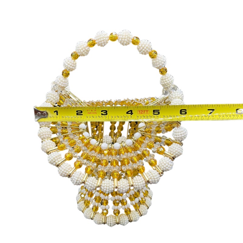 Vintage Handmade Beaded Safety Pin Basket Gold White Folk Art MCM