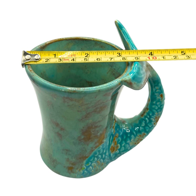 Vintage Studio Pottery Mug Mermaid Tail Handle Turquoise Teal Green Coffee Cup