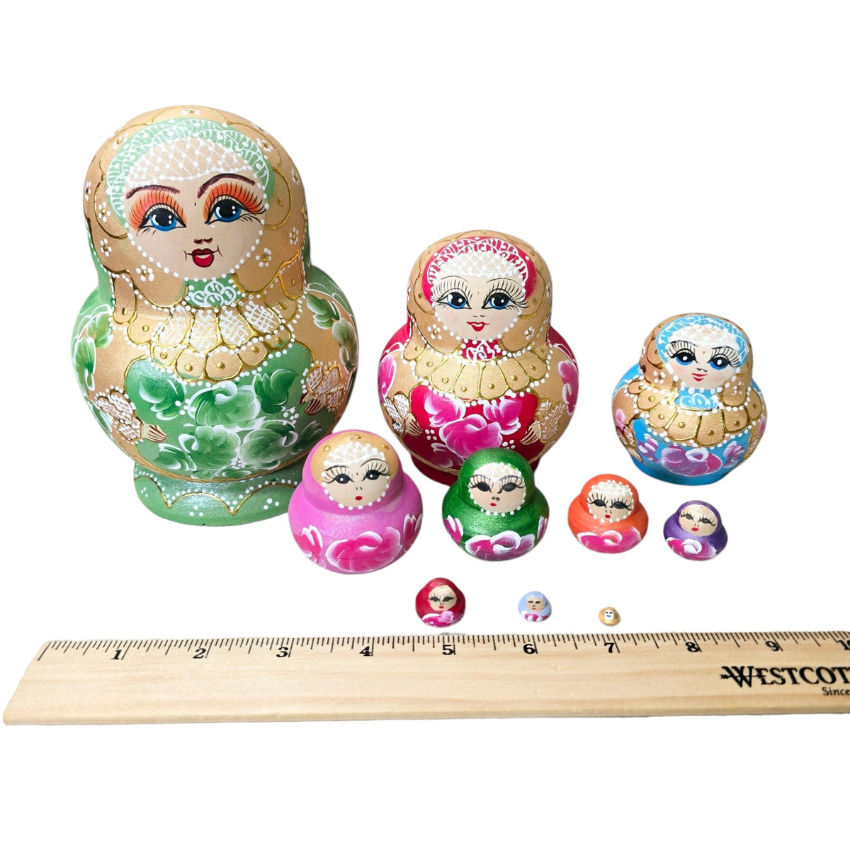 Vintage Russian Nesting Dolls 10 Piece Hand Painted Floral Matryoshka Wood