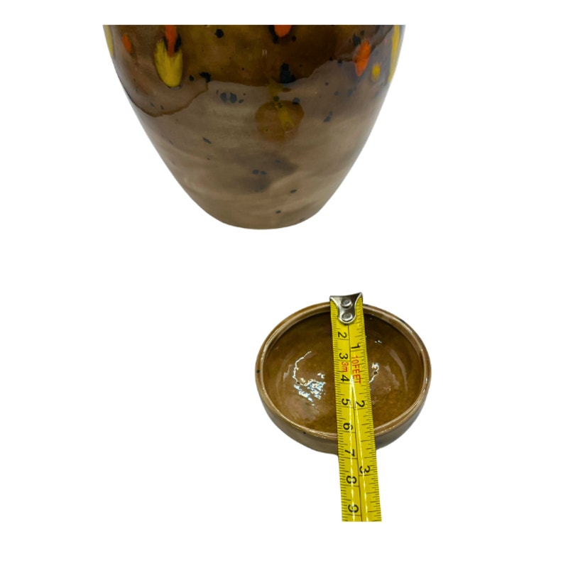 Vintage 70s Studio Pottery Lidded Jar Brown Speckled Glaze Orange Yellow Accents