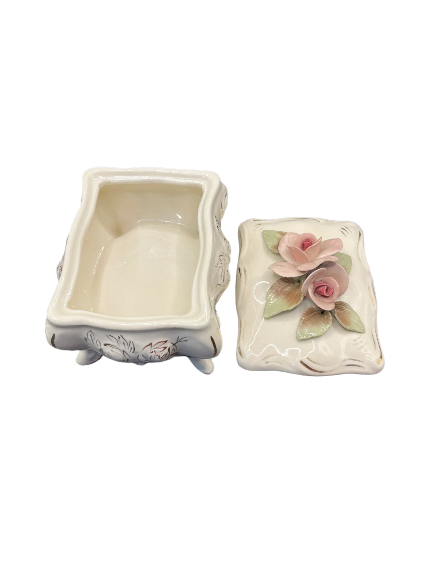 Mid Century Cordey Dusk Pink Rose Gold Detail Lidded Trinket Jewelry Box