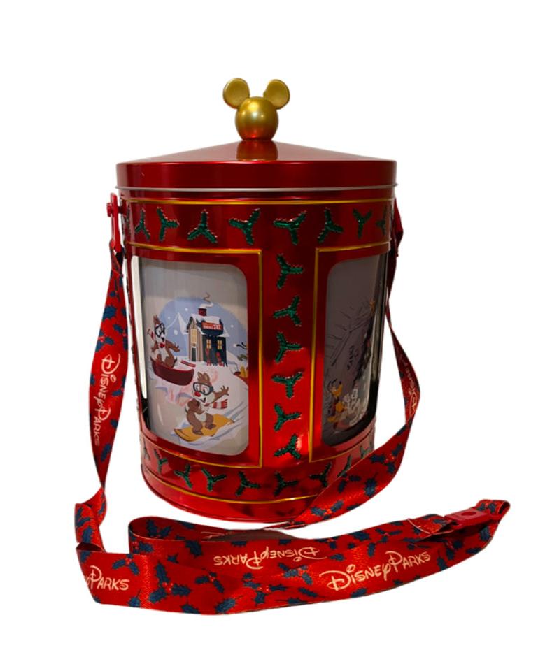 Disney Parks Christmas Holiday Mickey and Friends Musical Popcorn Tin Bucket with Strap Pre Owned