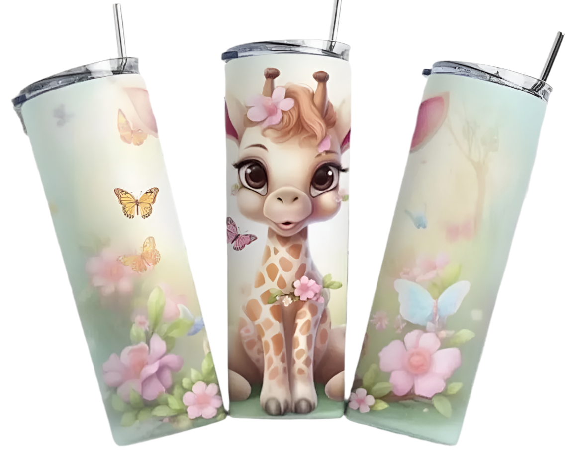 Custom Made Steel Tumbler- Giraffe in Butterfly Meadow 