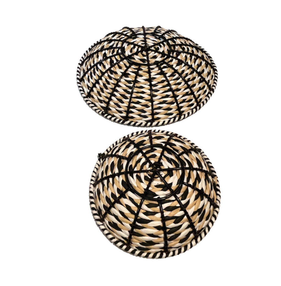 Set of Decorative Earth Tones Free Standing Baskets Metal Frame 12" and 8"