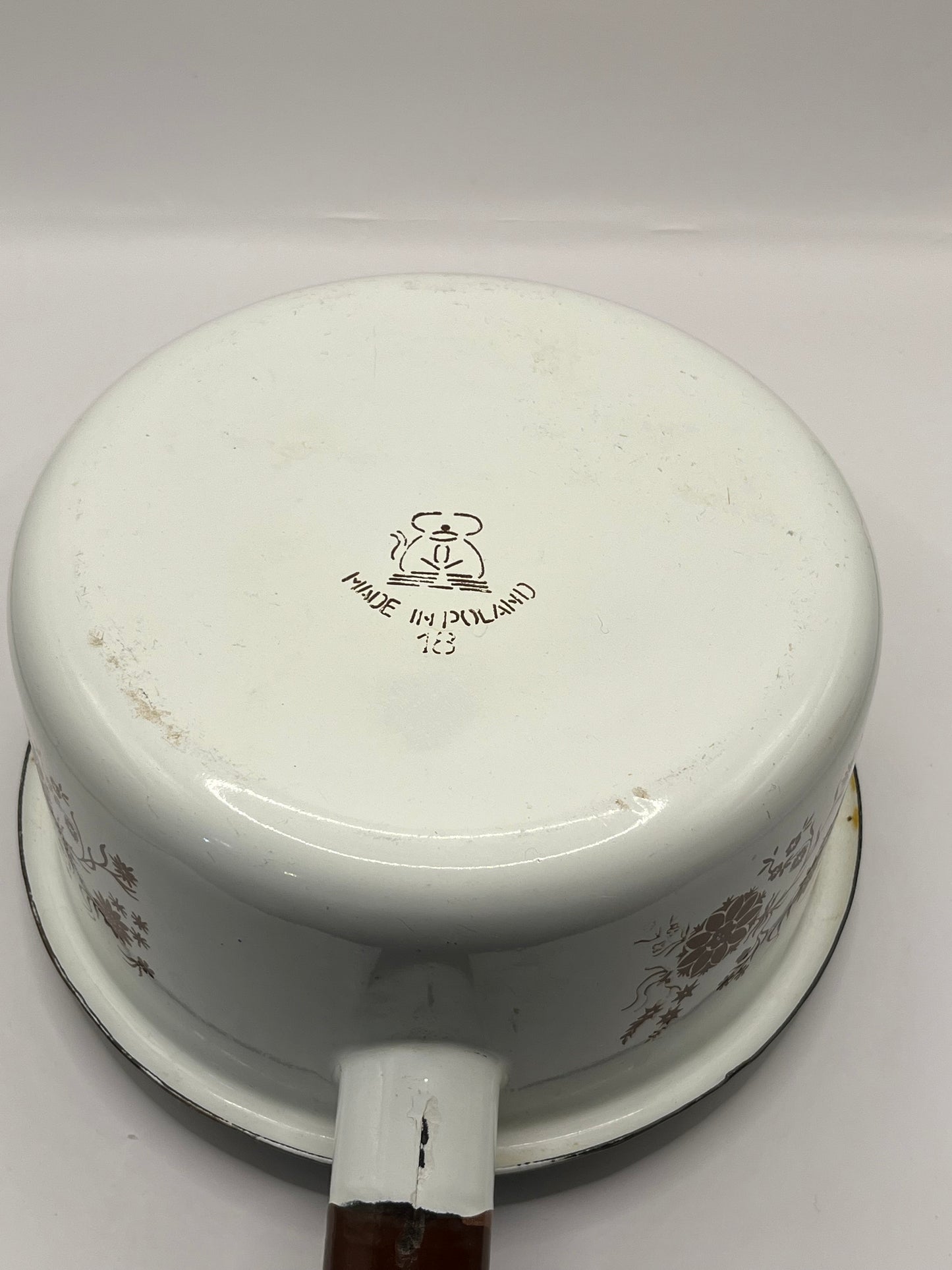 Two VNT Brown Floral Enamel Coated Pots Made in Poland one Lid