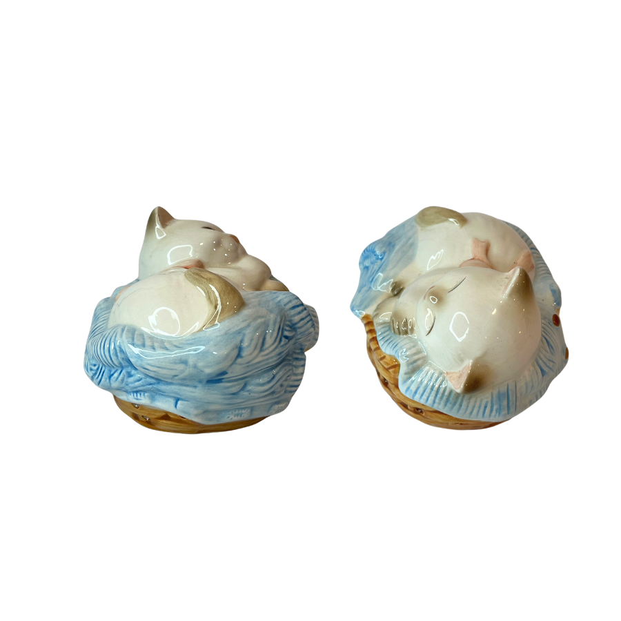 1980s Sleeping Kitten in Basket Potpourri Bead Holder Made in Japan For Avon
