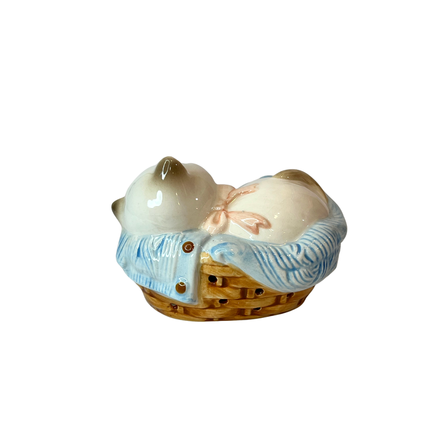 1980s Sleeping Kitten in Basket Potpourri Bead Holder Made in Japan For Avon