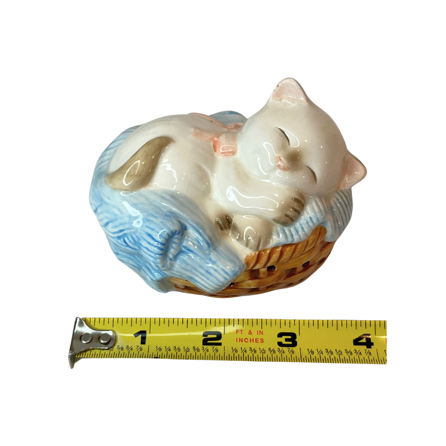 1980s Sleeping Kitten in Basket Potpourri Bead Holder Made in Japan For Avon