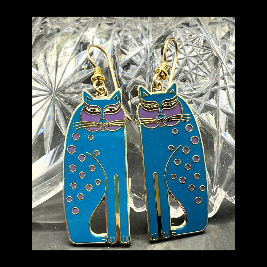 * Signed Laurel Burch "SIAMESE CATS" Enameled Turquoise Gold Purple Vintage Dangle Earrings