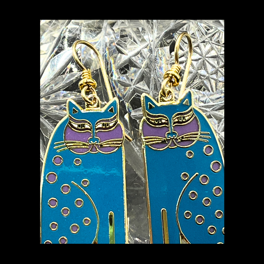* Signed Laurel Burch "SIAMESE CATS" Enameled Turquoise Gold Purple Vintage Dangle Earrings