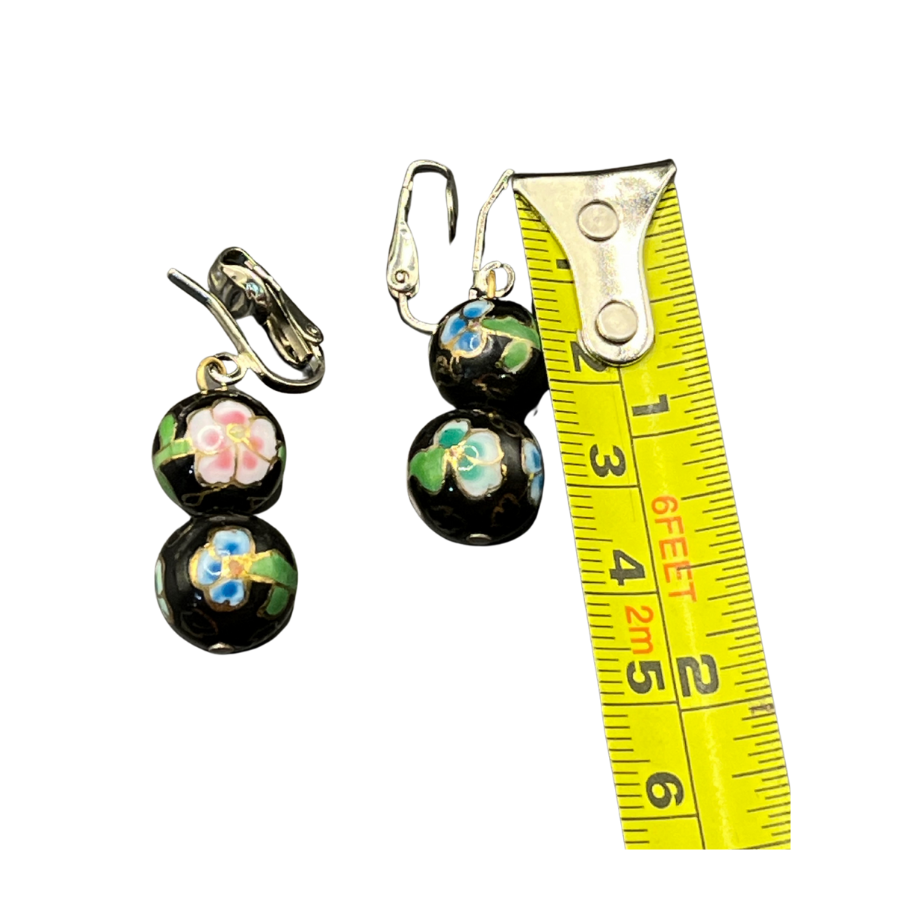 * Vintage Cloisonné Cherry Blossom Black Double Bead Clip On Earrings