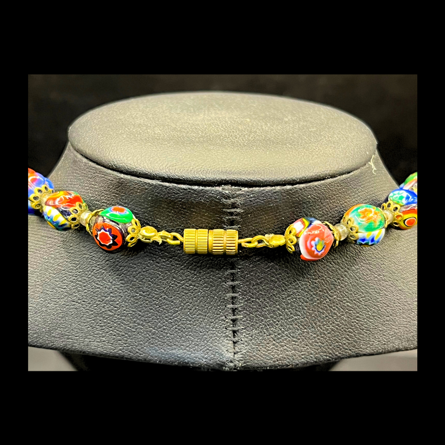 Vintage Murano Millefiori Art Glass Beaded Barrel Clasp Necklace with Filigree Bead Caps