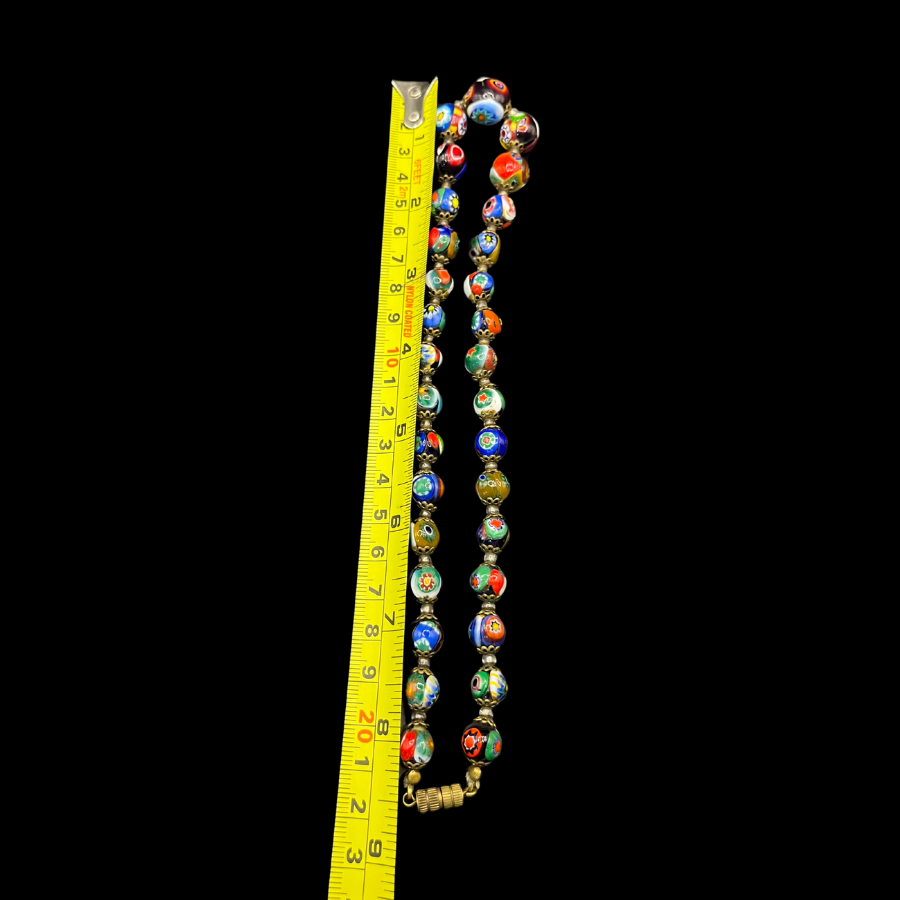 Vintage Murano Millefiori Art Glass Beaded Barrel Clasp Necklace with Filigree Bead Caps