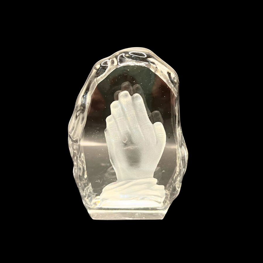 5" Praying Hands Vintage Frosted Cut Art Glass Christian Art
