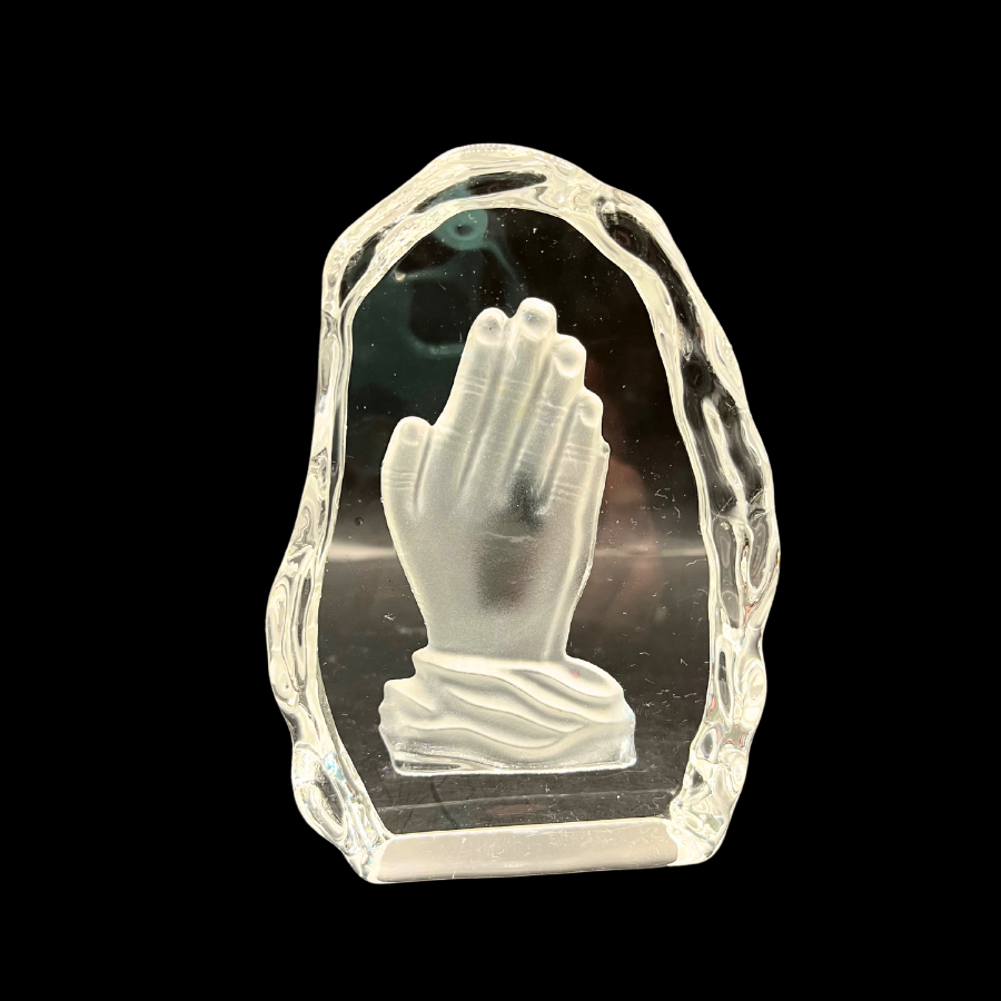 5" Praying Hands Vintage Frosted Cut Art Glass Christian Art