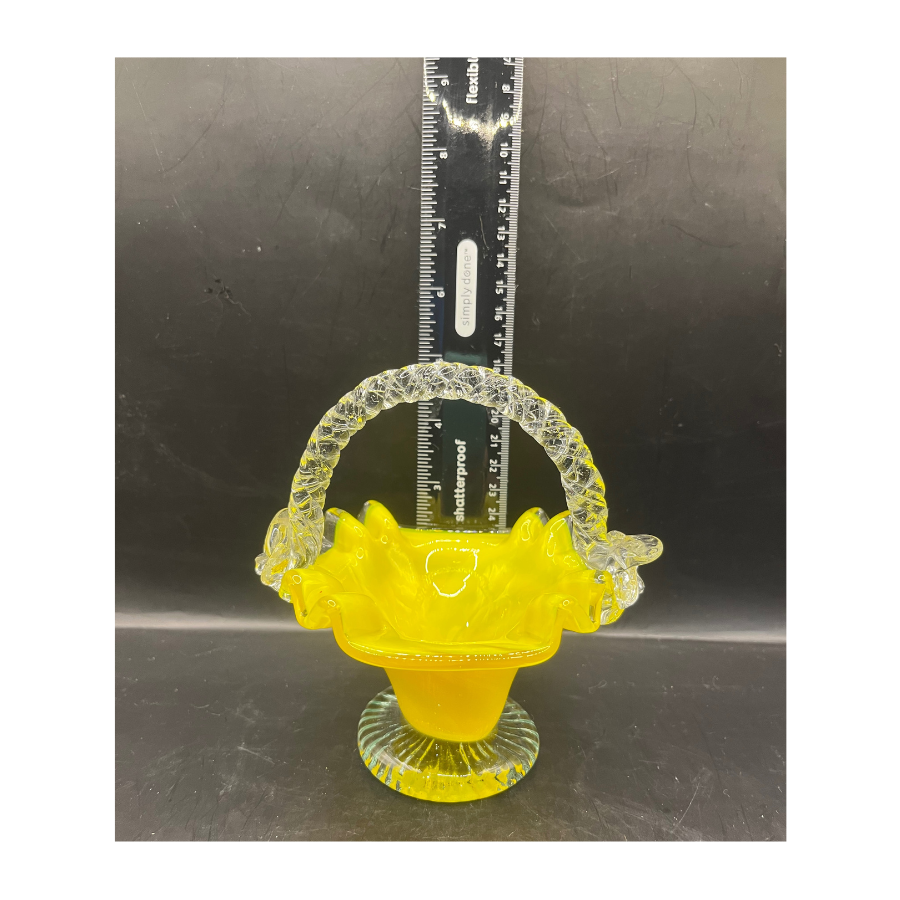 MCM Canary Yellow Art Glass Handled Basket Cottagecore Home Decor with Roses