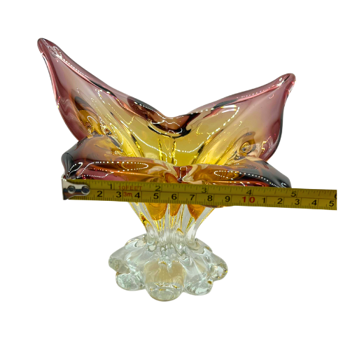 Vtg Murano Style Butterfly Pedestal Bowl Hand Blown Cranberry Amber Omber