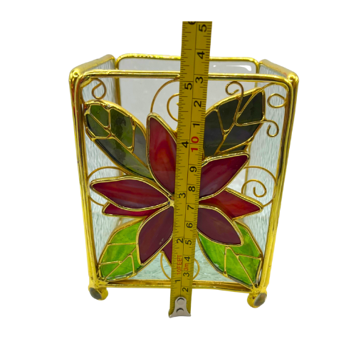 Vintage Stained Leaded Glass Gold Tone Poinsettia Christmas Candleholder Lantern Holiday Decor