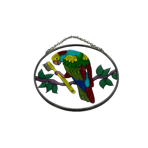 * Hand Painted Parrot with Toothbrush Glass Suncatcher 4.5"