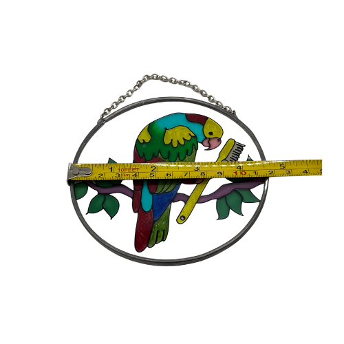 * Hand Painted Parrot with Toothbrush Glass Suncatcher 4.5"
