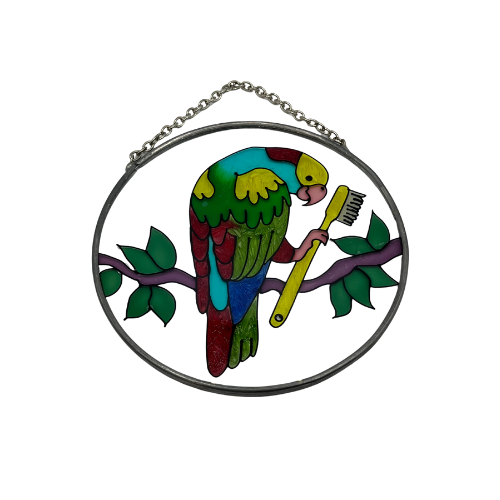 * Hand Painted Parrot with Toothbrush Glass Suncatcher 4.5"