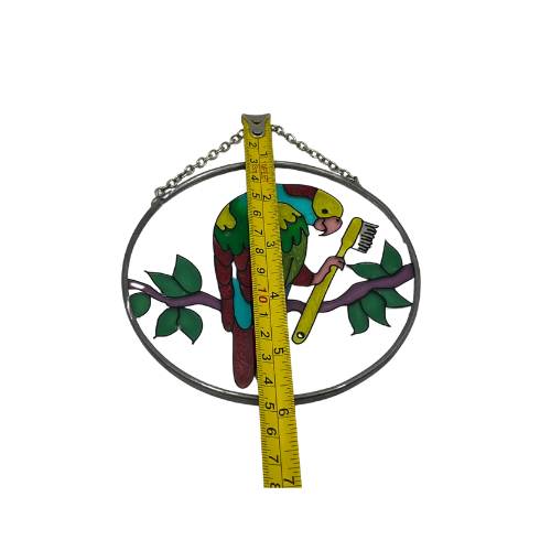 * Hand Painted Parrot with Toothbrush Glass Suncatcher 4.5"