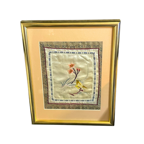 1950s Asian Embroidered Bird & Cherry Blossoms Silk Textile Framed