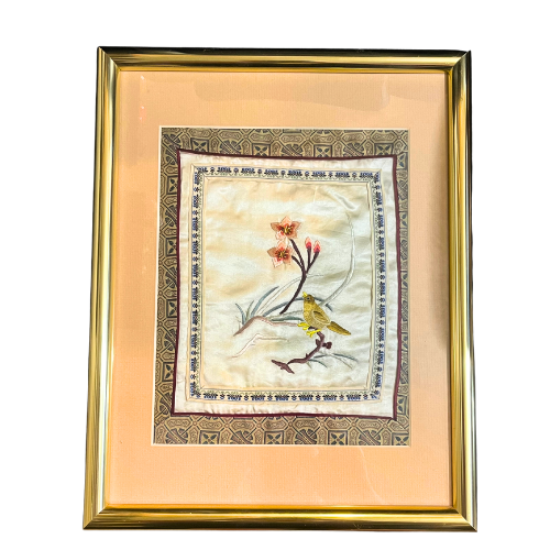 1950s Asian Embroidered Bird & Cherry Blossoms Silk Textile Framed