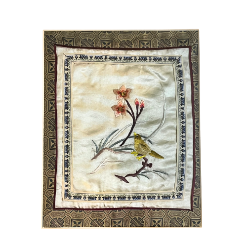 1950s Asian Embroidered Bird & Cherry Blossoms Silk Textile Framed