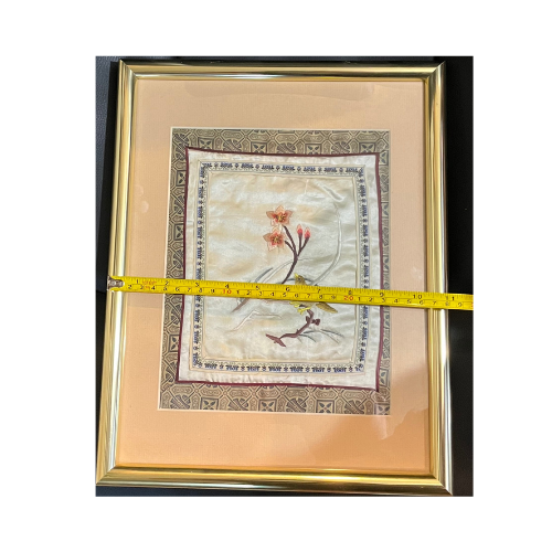 1950s Asian Embroidered Bird & Cherry Blossoms Silk Textile Framed