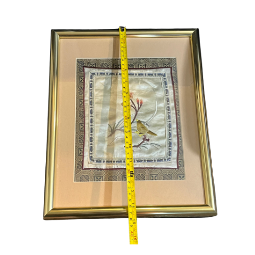 1950s Asian Embroidered Bird & Cherry Blossoms Silk Textile Framed