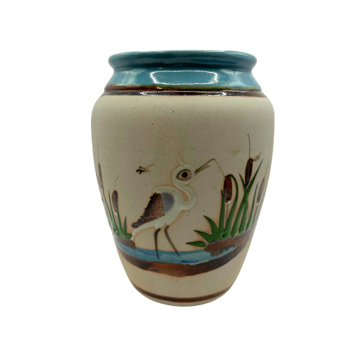 Mexican Tonala Folk Art Pottery Heron Vase, Hand-Painted Turquoise Blue Rim