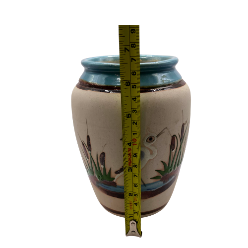 Mexican Tonala Folk Art Pottery Heron Vase, Hand-Painted Turquoise Blue Rim