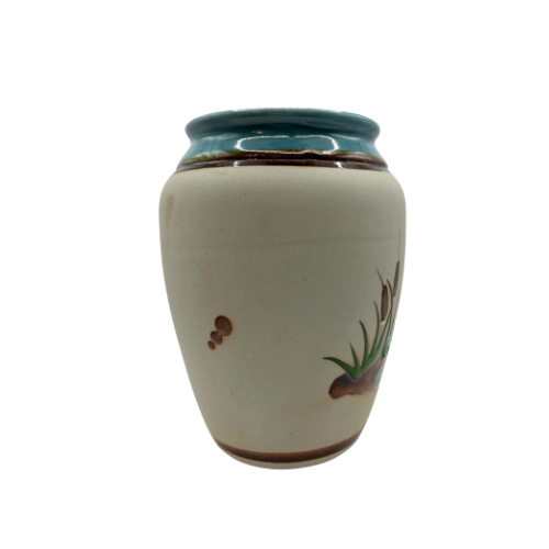Mexican Tonala Folk Art Pottery Heron Vase, Hand-Painted Turquoise Blue Rim