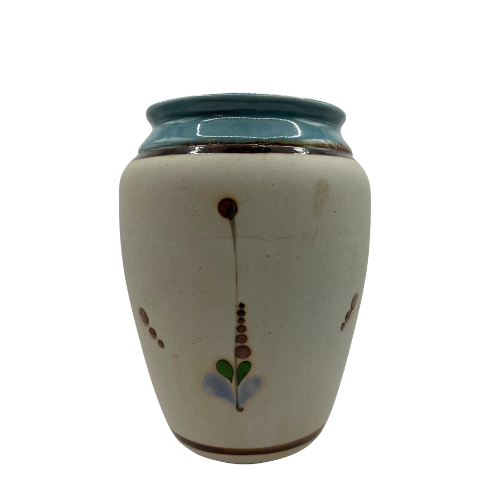Mexican Tonala Folk Art Pottery Heron Vase, Hand-Painted Turquoise Blue Rim