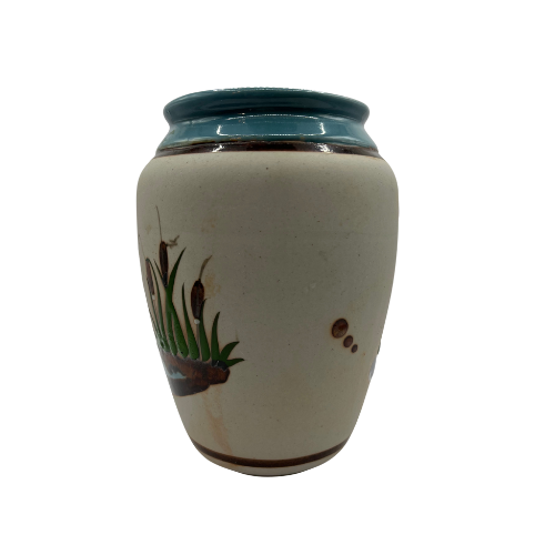 Mexican Tonala Folk Art Pottery Heron Vase, Hand-Painted Turquoise Blue Rim