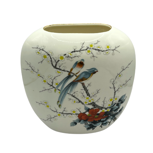 Vintage JAY JAPAN Fine China Porcelain Oval Pillow Vase Exotic Birds in Cherry Blossom Tree