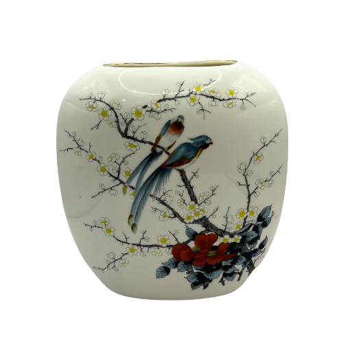Vintage JAY JAPAN Fine China Porcelain Oval Pillow Vase Exotic Birds in Cherry Blossom Tree