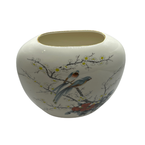 Vintage JAY JAPAN Fine China Porcelain Oval Pillow Vase Exotic Birds in Cherry Blossom Tree